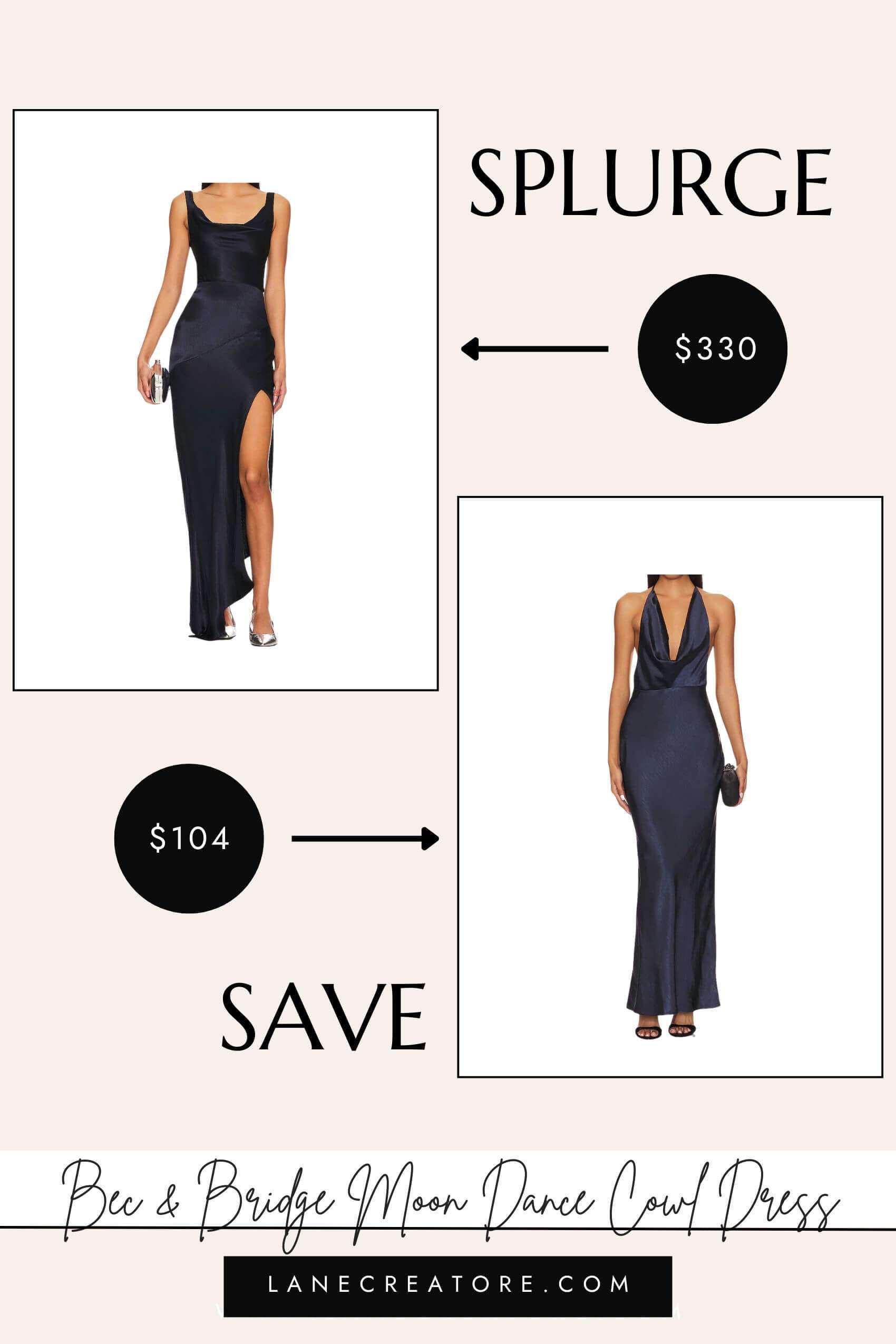 bec and bridge navy blue cowl neck dress dupe