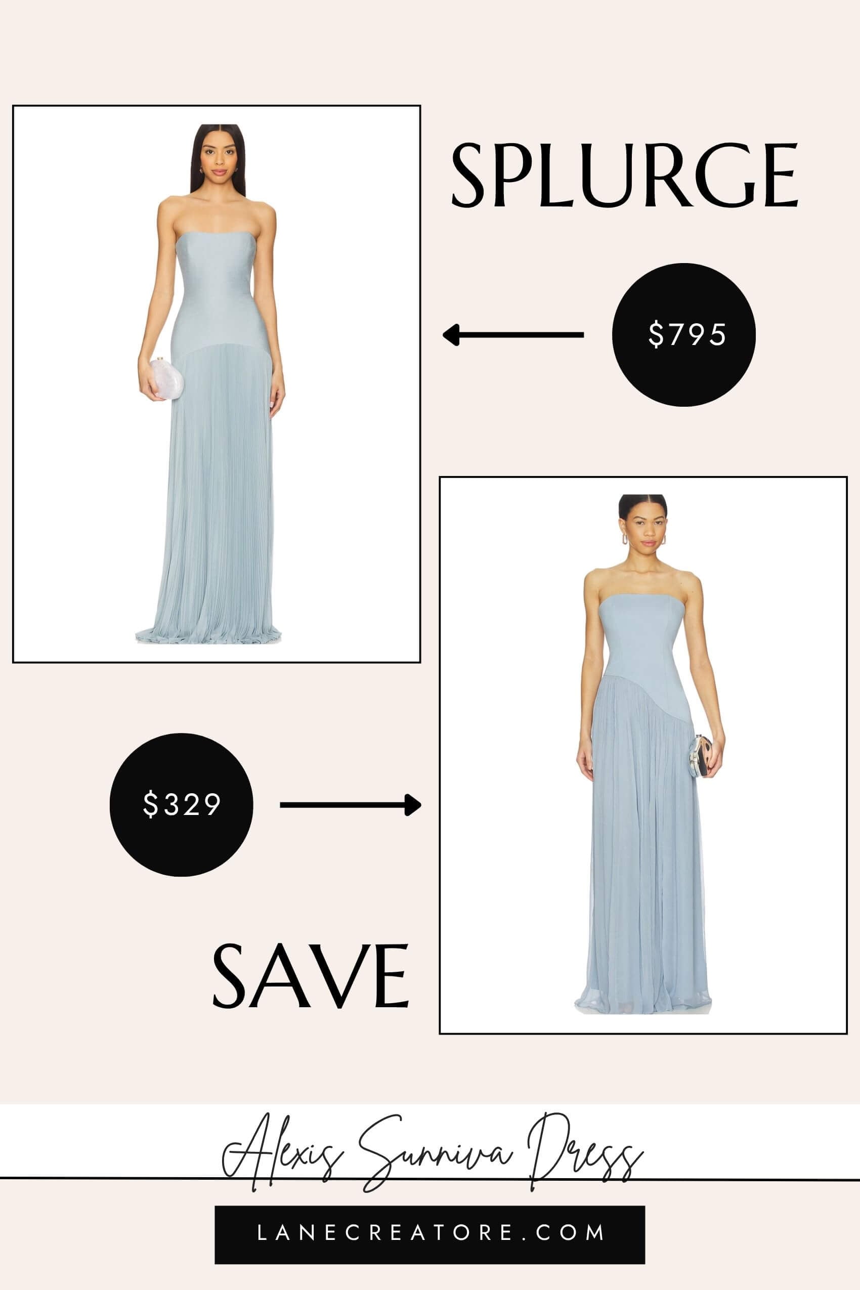alexis sunniva dusty blue strapless dress dupe 