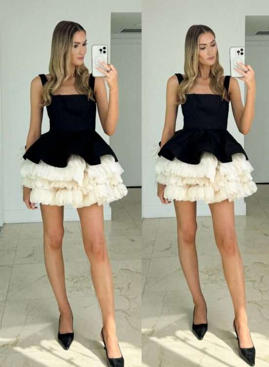 Blogger wears the Bronx and Banco Catalina Ruffle Mini Dress with black heels.